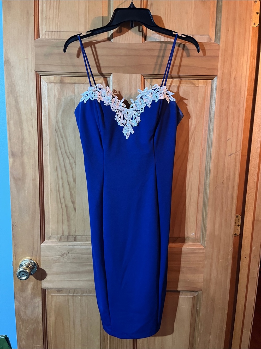 Royal Blue Midi Dress with White Lace Trim